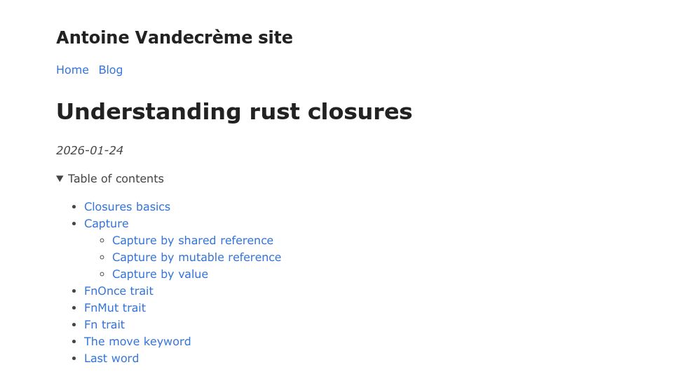 Screenshot of antoine.vandecreme.net: Understanding Rust Closures
