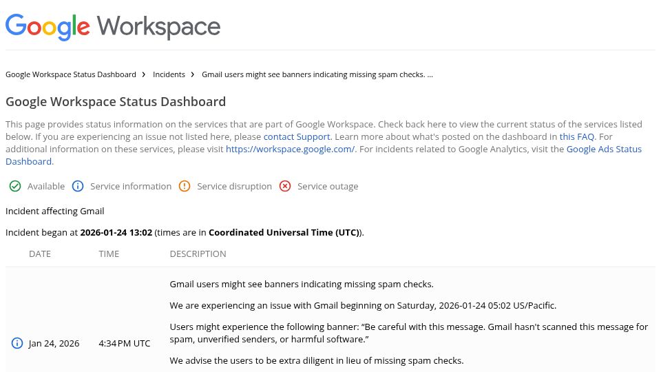 Screenshot of google.com: We are experiencing an issue with Gmail beginning on Saturday, 2026-01-24 13:02