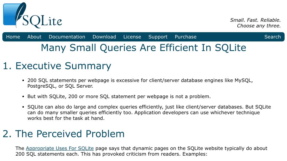 Screenshot of sqlite.org: Many Small Queries Are Efficient in SQLite