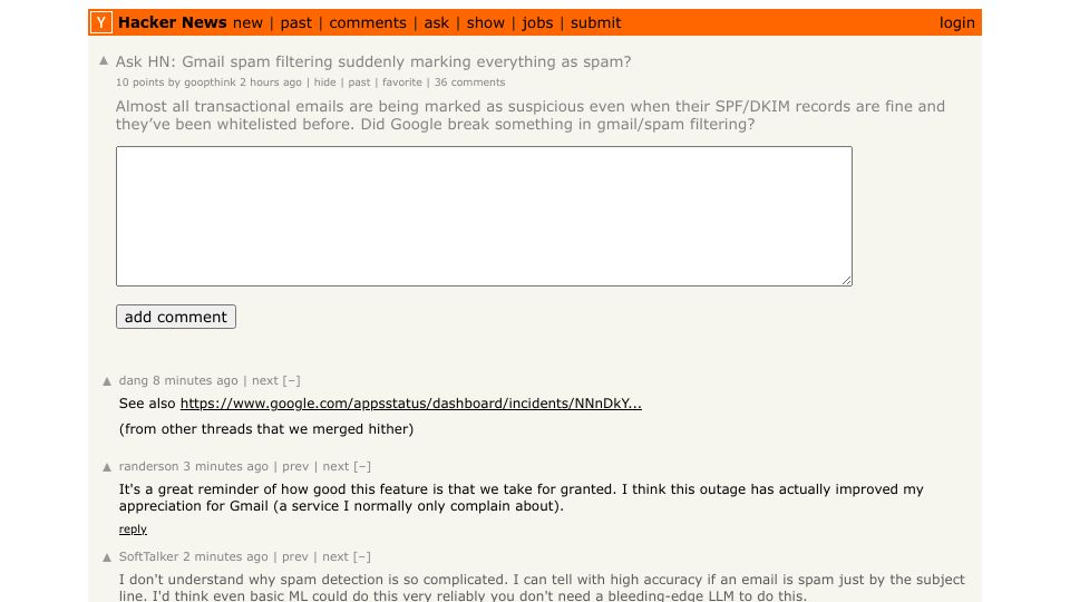 Screenshot of Hacker News post: Ask HN: Gmail spam filtering suddenly marking everything as spam?