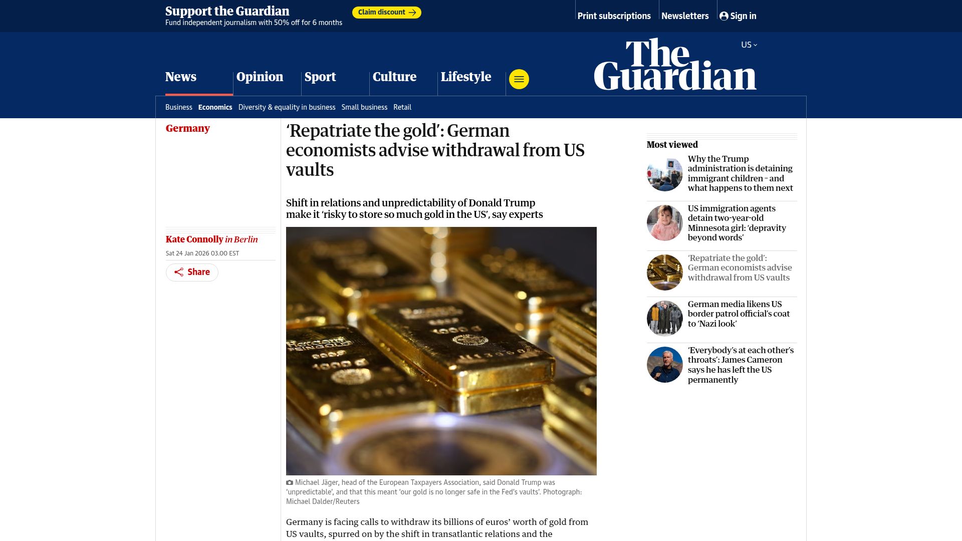 Screenshot of theguardian.com: Repatriate the gold': German economists advise withdrawal from US vaults