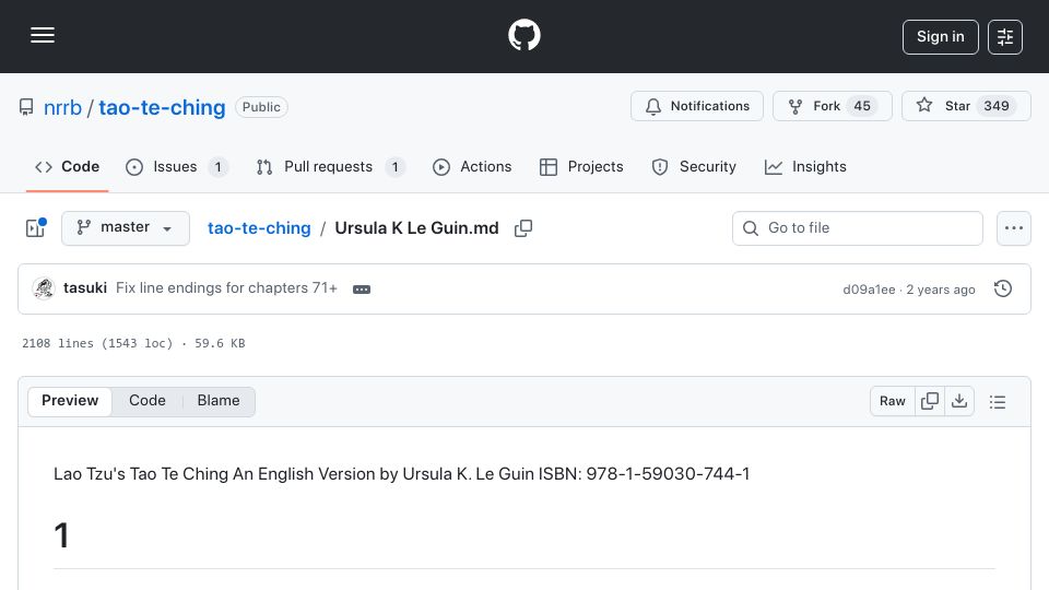 Screenshot of github.com: Tao Te Ching – Translated by Ursula K. Le Guin