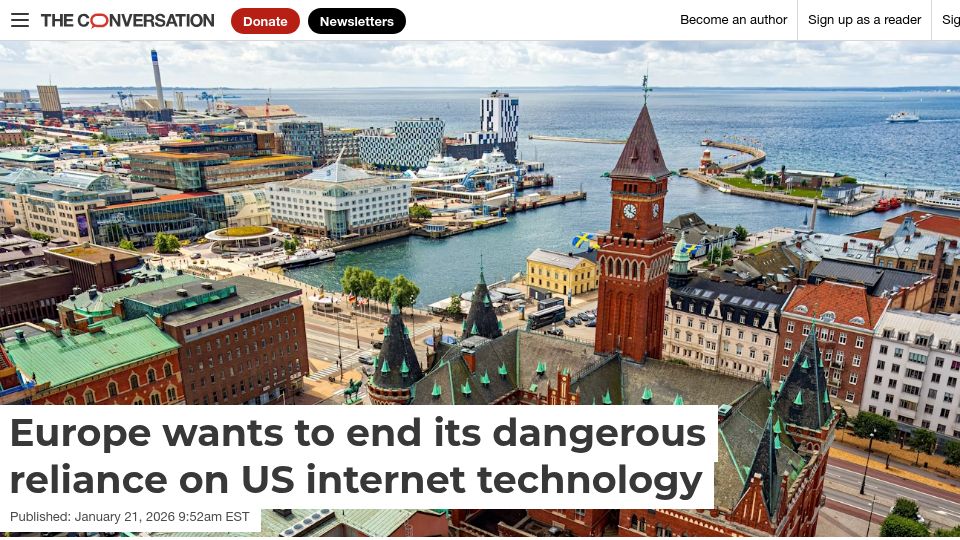 Screenshot of theconversation.com: Europe wants to end its dangerous reliance on US internet technology