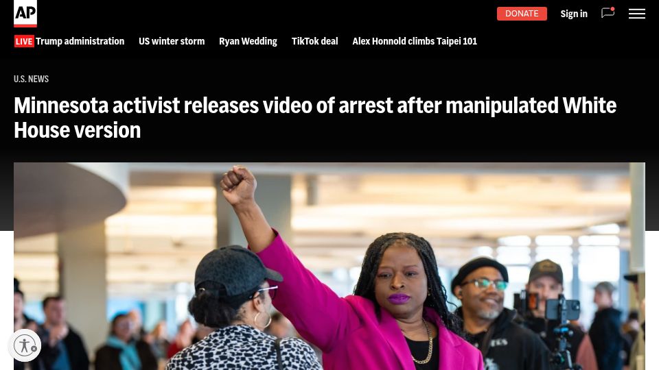 Screenshot of apnews.com: Minnesota activist releases arrest video after manipulated White House version