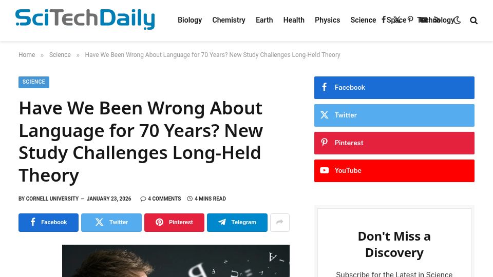 Screenshot of scitechdaily.com: Language may rely less on complex grammar than previously thought: study
