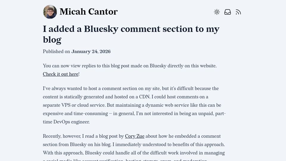 Screenshot of micahcantor.com: I added a Bluesky comment section to my blog