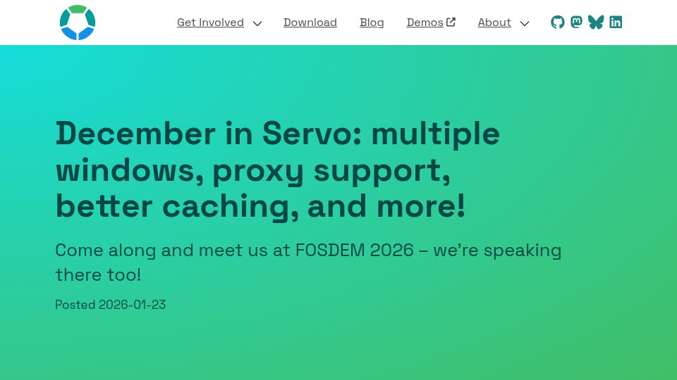 Screenshot of servo.org: December in Servo: multiple windows, proxy support, better caching, and more