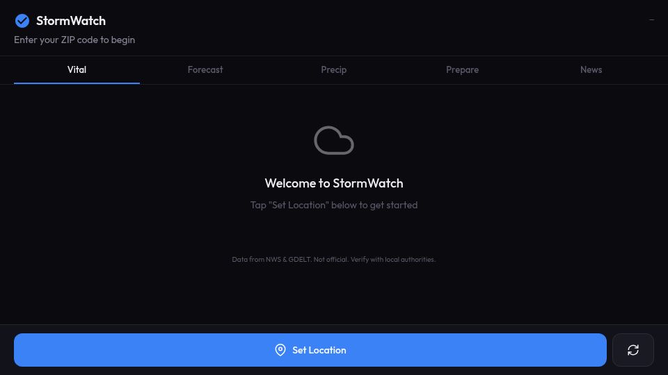 Screenshot of jeisey.github.io: Show HN: StormWatch – Weather emergency dashboard with prep checklists