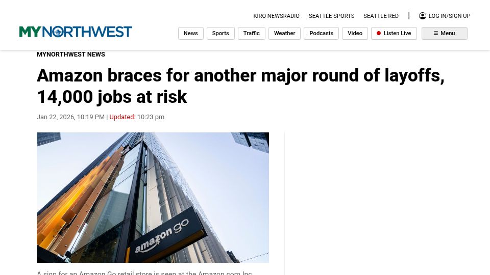 Screenshot of mynorthwest.com: Amazon braces for another major round of layoffs, 14,000 jobs at risk