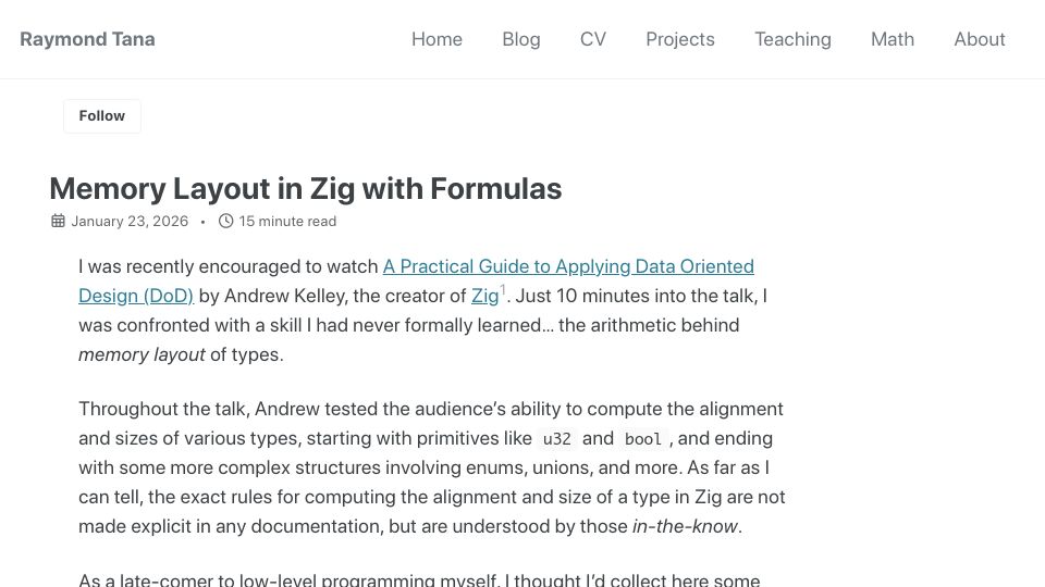 Screenshot of raymondtana.github.io: Memory layout in Zig with formulas