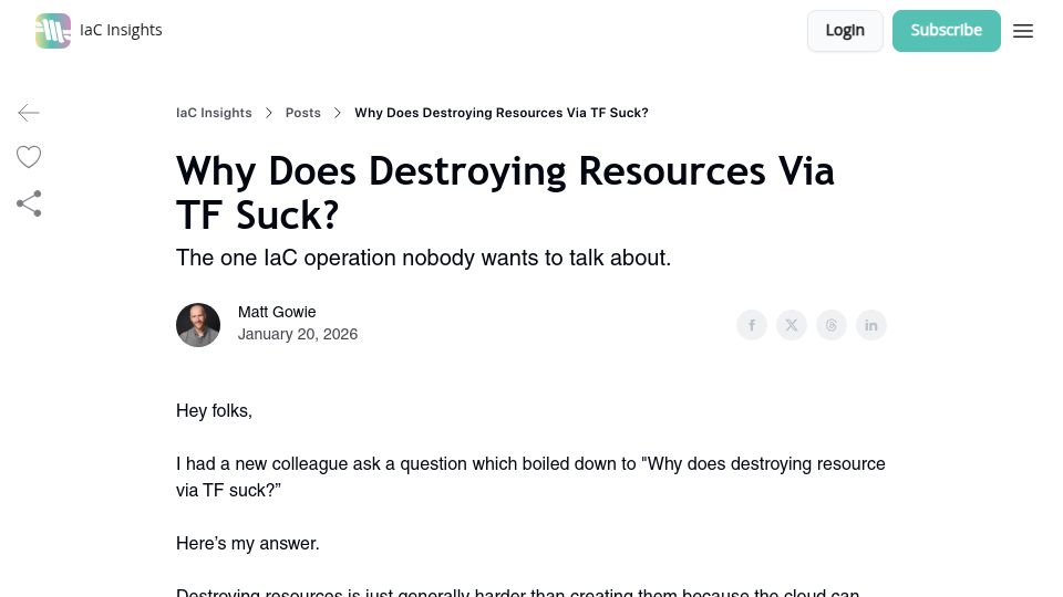 Screenshot of newsletter.masterpoint.io: Why Does Destroying Resources via TF Suck?