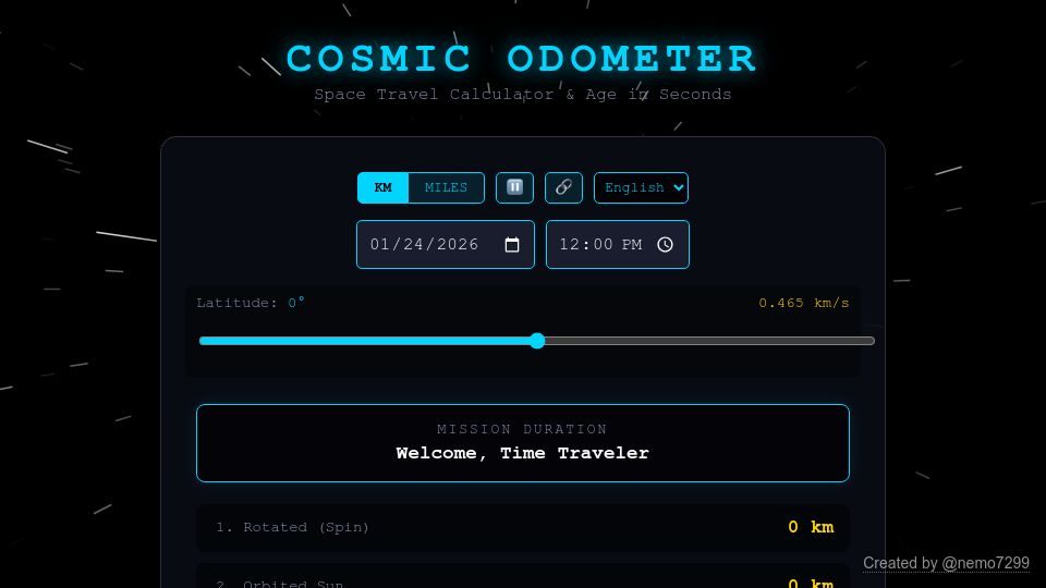 Screenshot of cosmic-odometer.vercel.app: Show HN: I built a space travel calculator using Vanilla JavaScript