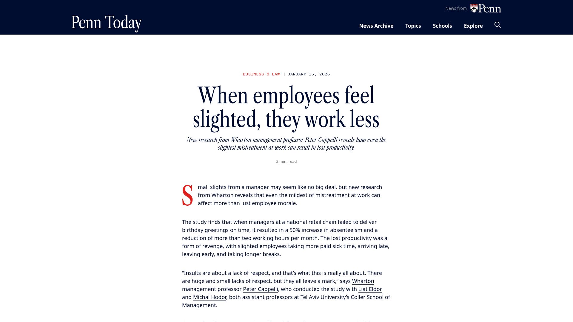 Screenshot of penntoday.upenn.edu: When employees feel slighted, they work less