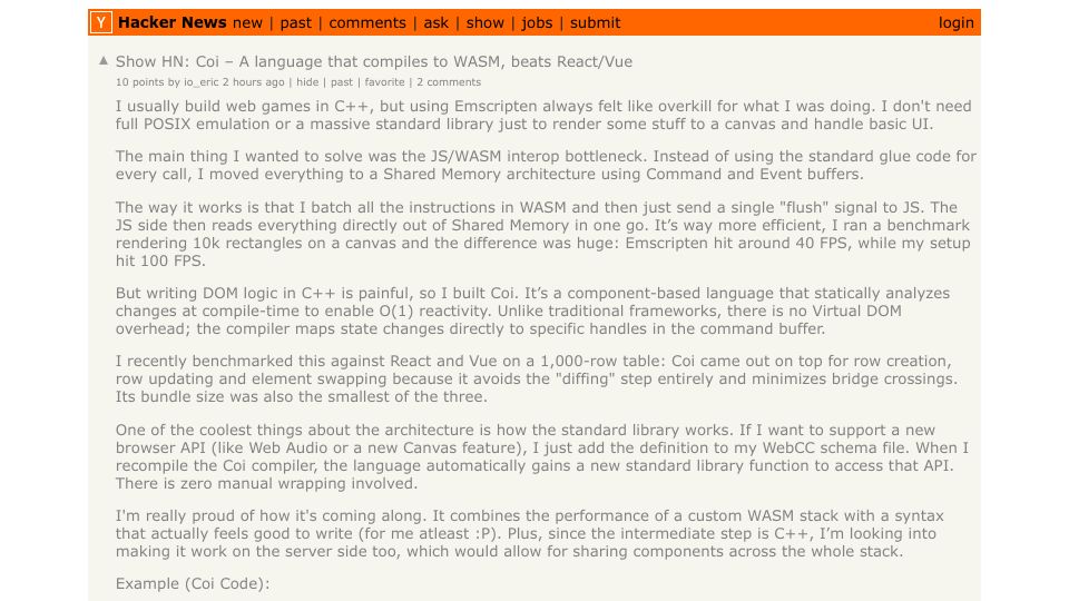 Screenshot of Hacker News post: Show HN: Coi – A language that compiles to WASM, beats React/Vue