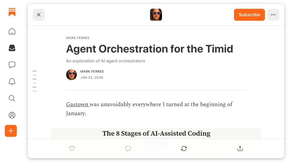 Screenshot of substack.com: Agent orchestration for the timid