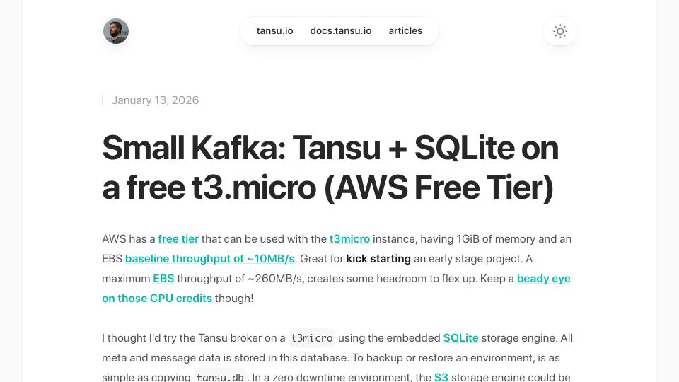 Screenshot of blog.tansu.io: Small Kafka: Tansu and SQLite on a free t3.micro