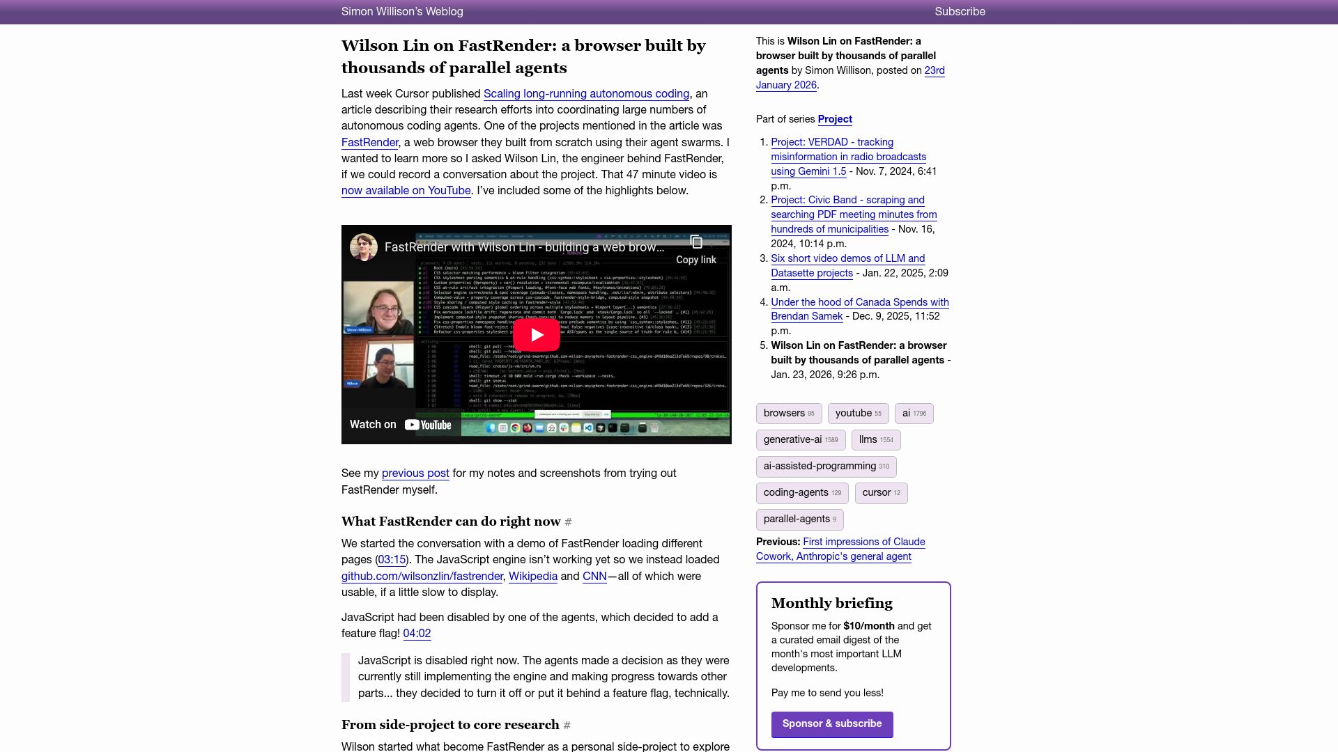 Screenshot of simonwillison.net: Wilson Lin on FastRender: a browser built by parallel agents