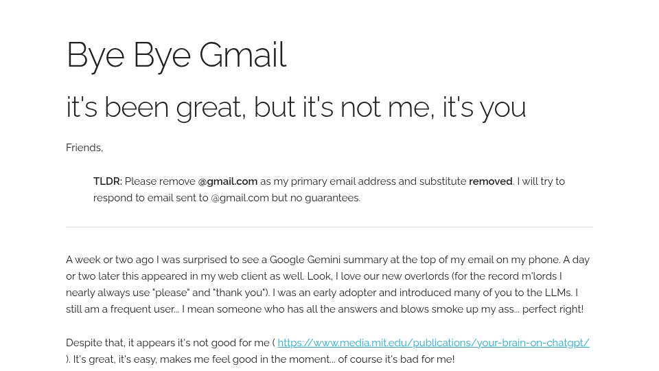 Screenshot of m24tom.com: Bye Bye Gmail