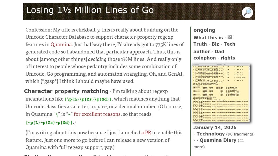 Screenshot of tbray.org: Losing 1½ Million Lines of Go