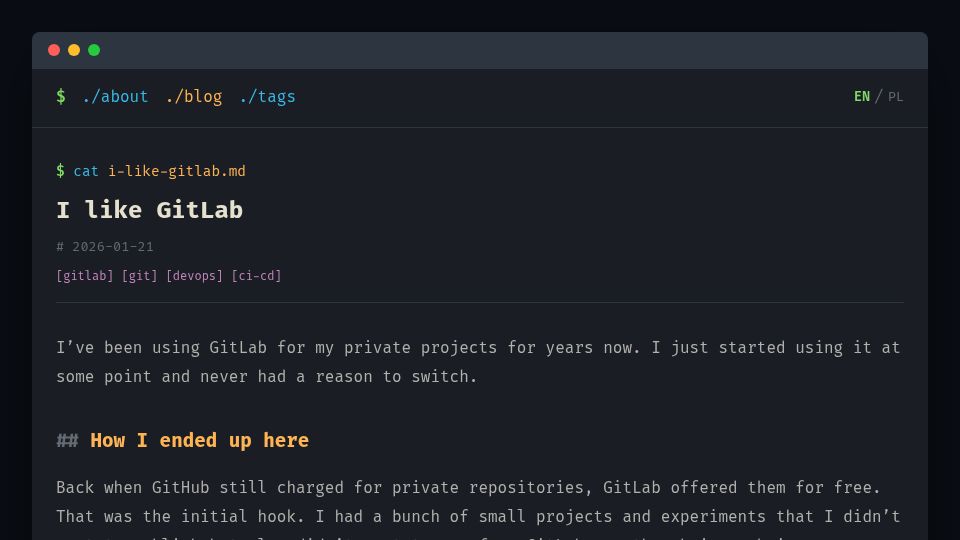 Screenshot of whileforloop.com: I Like GitLab