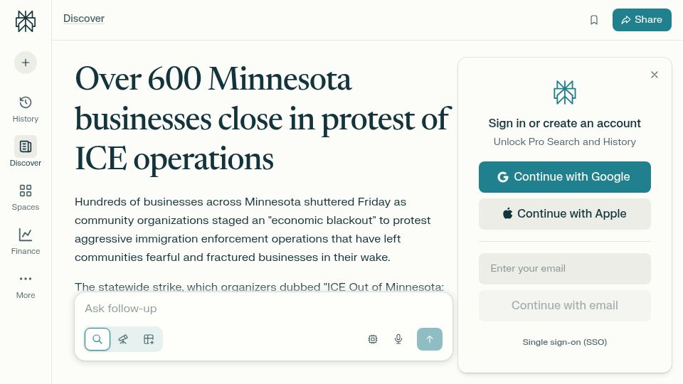 Screenshot of perplexity.ai: Over 600 Minnesota businesses close in protest of ICE operations
