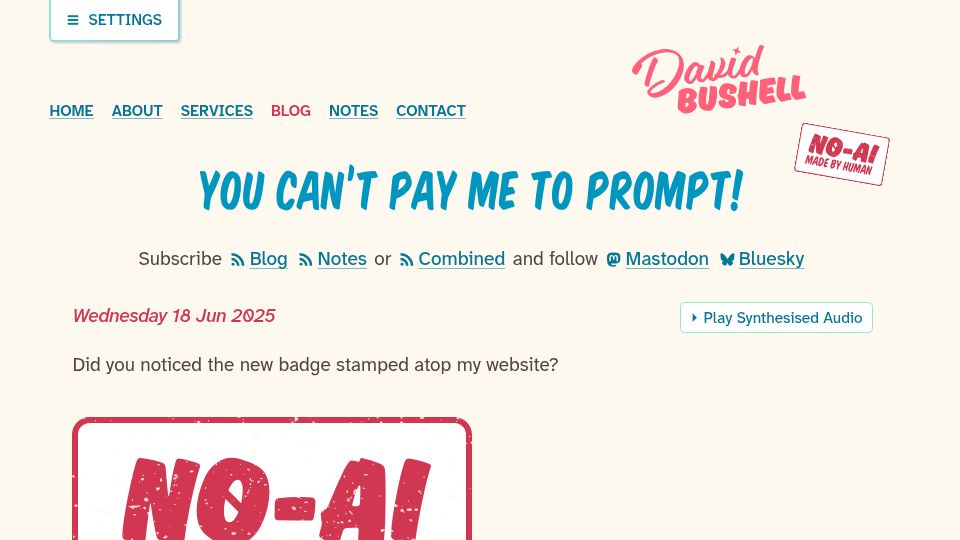 Screenshot of dbushell.com: You can't pay me to prompt