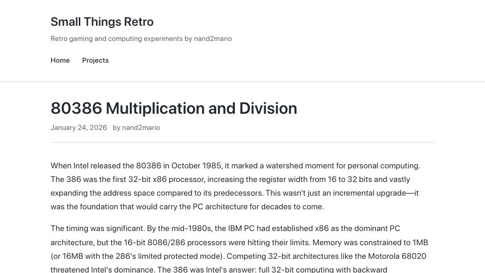 Screenshot of nand2mario.github.io: 80386 Multiplication and Division