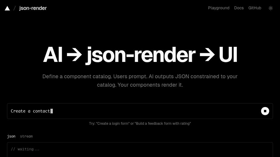 Screenshot of json-render.dev: JSON-render: LLM-based JSON-to-UI tool
