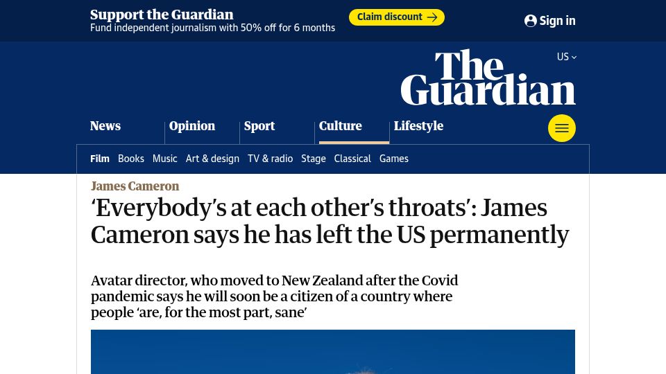 Screenshot of theguardian.com: Everybody's at each other's throats': James Cameron left the US permanently