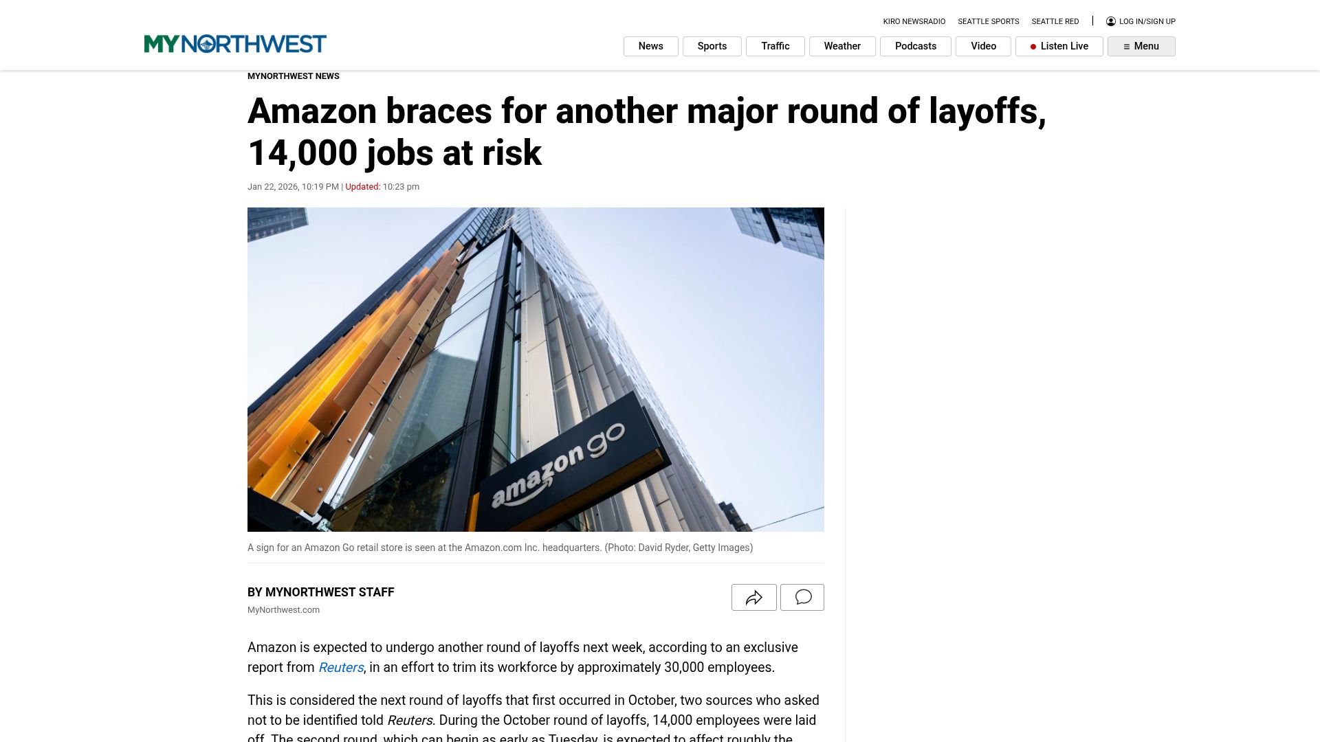 Screenshot of mynorthwest.com: Amazon braces for another major round of layoffs, 14,000 jobs at risk