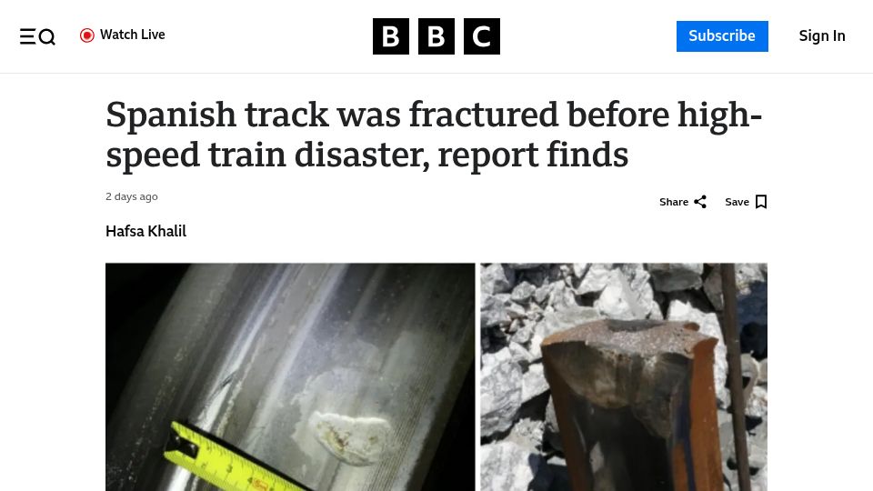 Screenshot of bbc.com: Spanish track was fractured before high-speed train disaster, report finds
