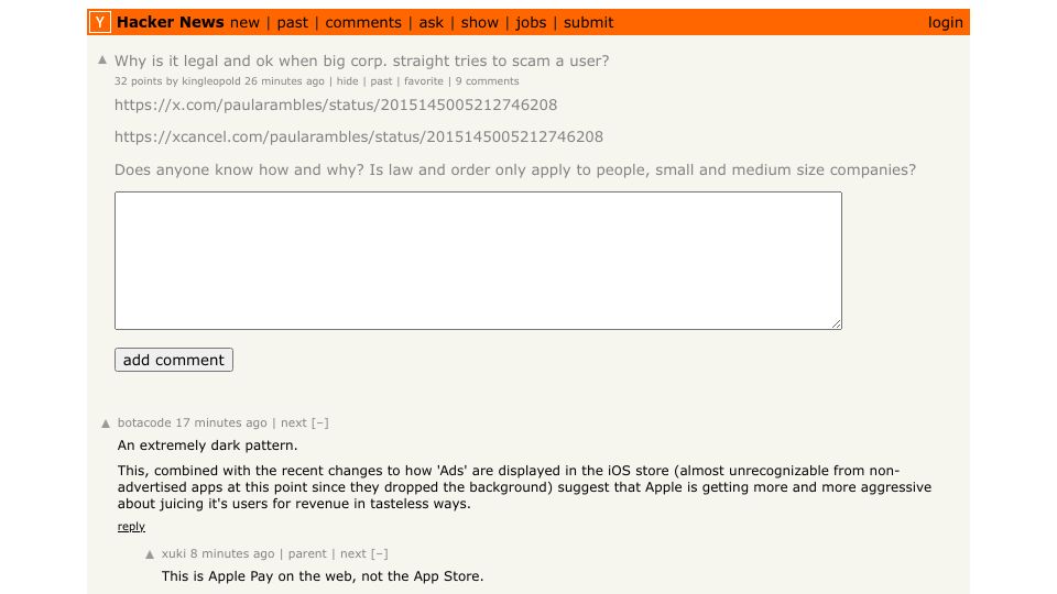 Screenshot of Hacker News post: Why is it legal and ok when big corp. straight tries to scam a user?