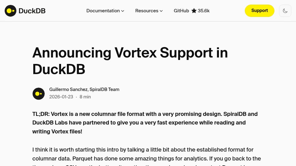 Screenshot of duckdb.org: Vortex Support in DuckDB