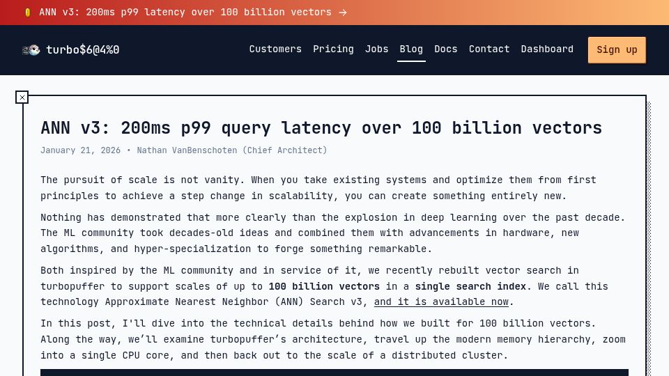 Screenshot of turbopuffer.com: ANN v3: 200ms p99 query latency over 100B vectors