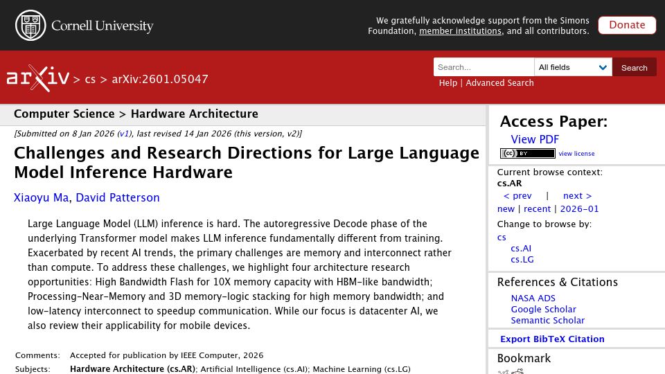 Screenshot of arxiv.org: Challenges and Research Directions for Large Language Model Inference Hardware
