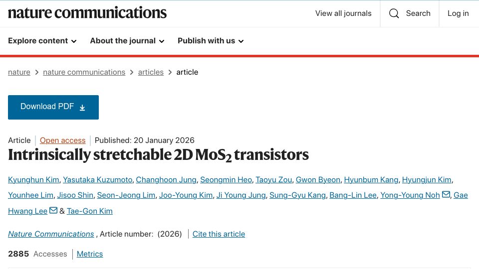 Screenshot of nature.com: Intrinsically stretchable 2D MoS2 transistors