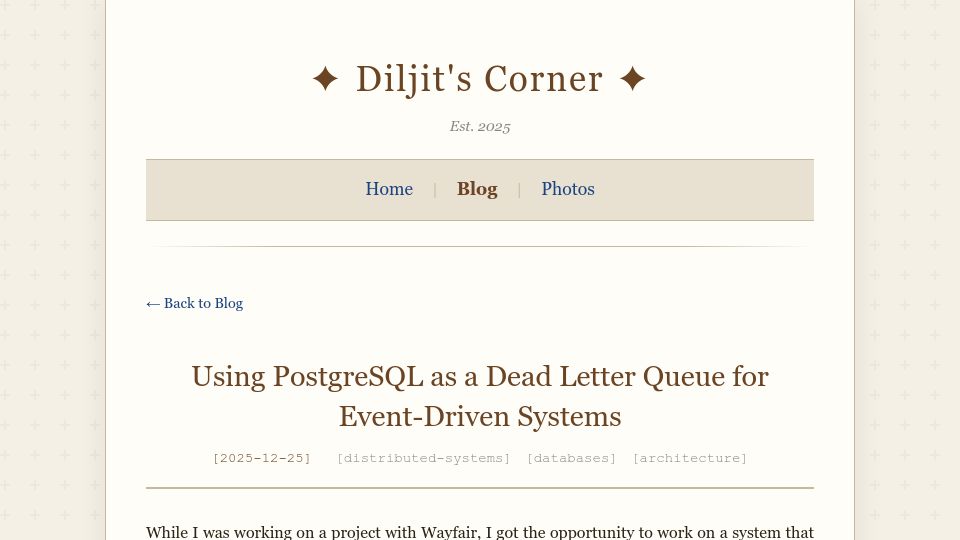Screenshot of diljitpr.net: Using PostgreSQL as a Dead Letter Queue for Event-Driven Systems