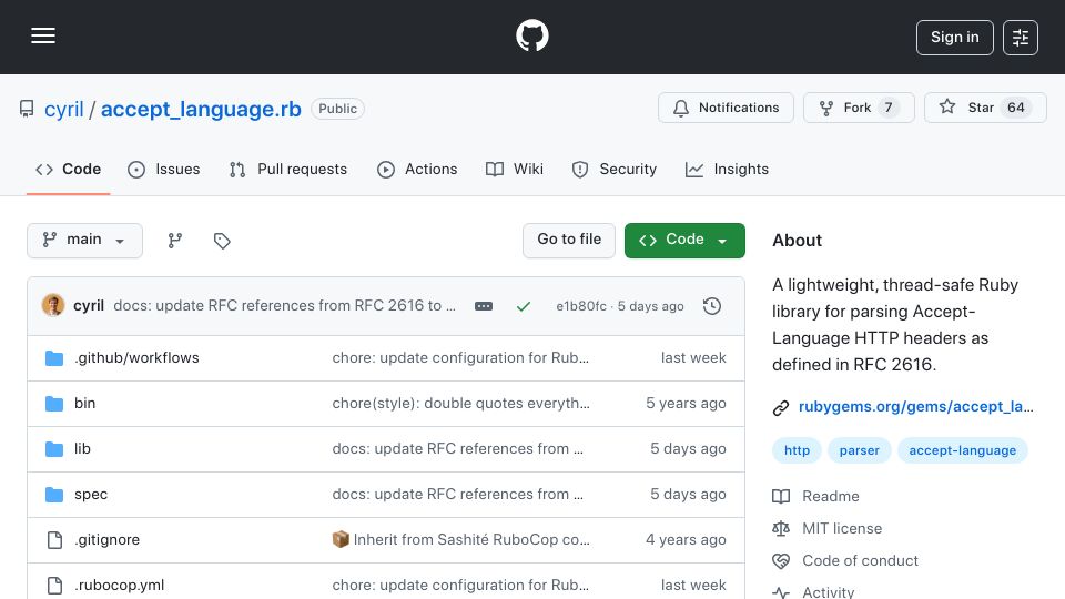Screenshot of github.com: Accept_language 2.2 – RFC 7231/4647 compliant Accept-Language parsing for Ruby