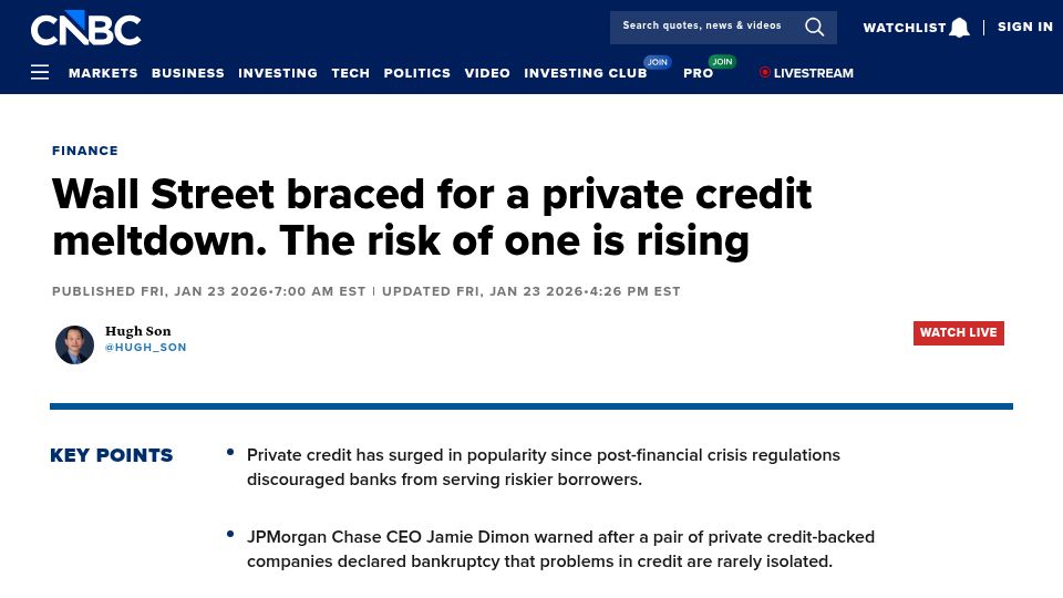 Screenshot of cnbc.com: Wall Street braced for a private credit meltdown. The risk of one is rising