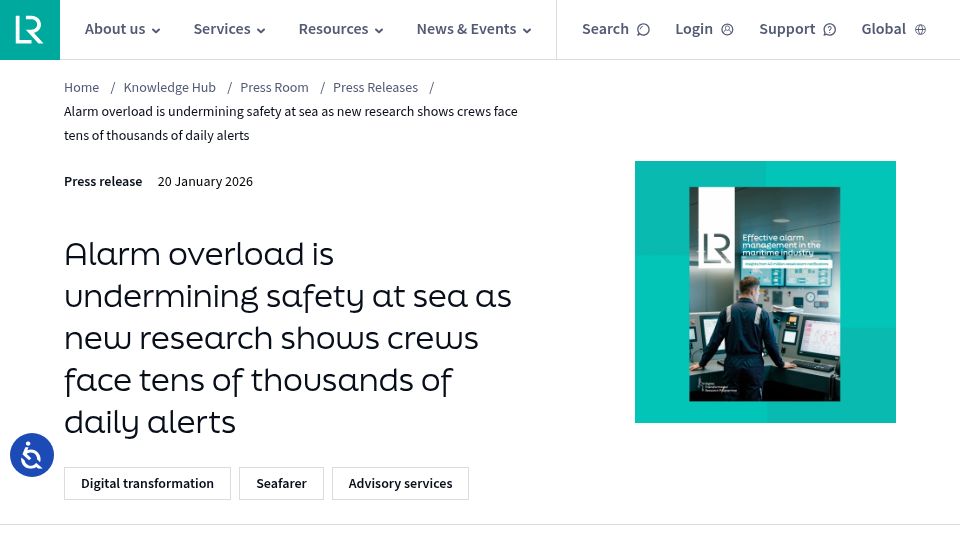 Screenshot of lr.org: Alarm overload is undermining safety at sea as crews face thousands of alerts