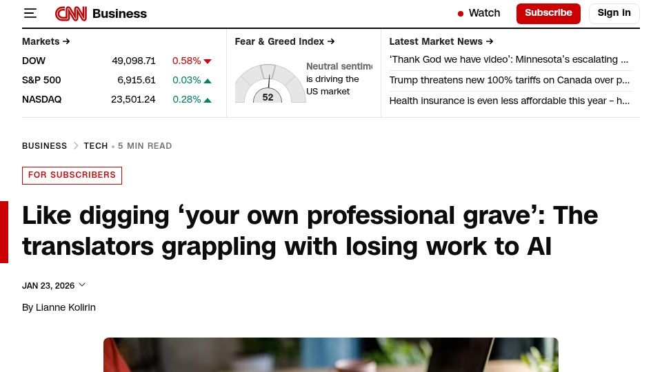 Screenshot of cnn.com: Like digging 'your own grave': The translators grappling with losing work to AI