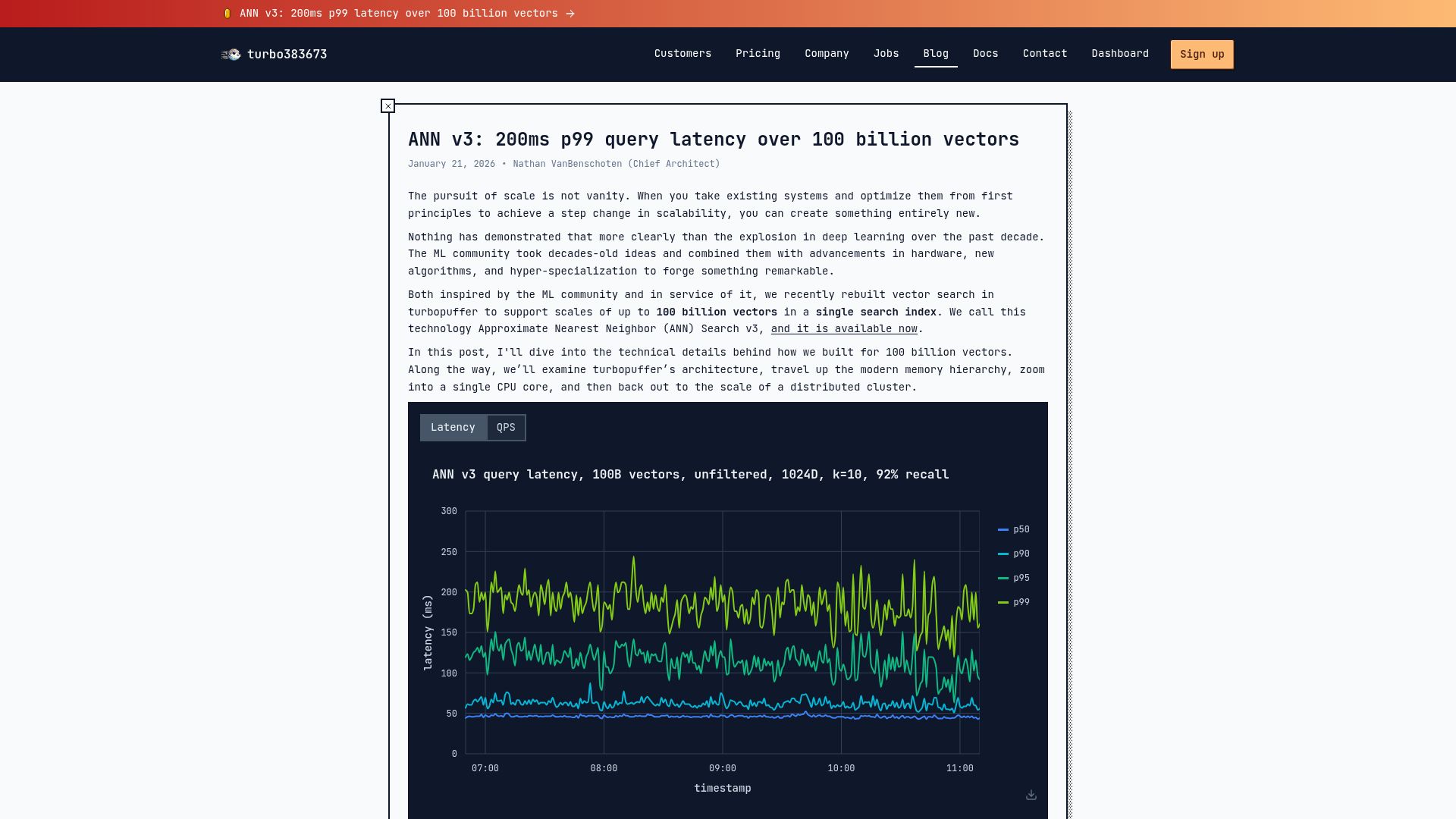 Screenshot of turbopuffer.com: ANN v3: 200ms p99 query latency over 100B vectors