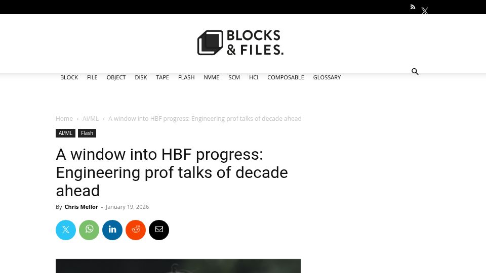 Screenshot of blocksandfiles.com: High-bandwidth flash progress and future