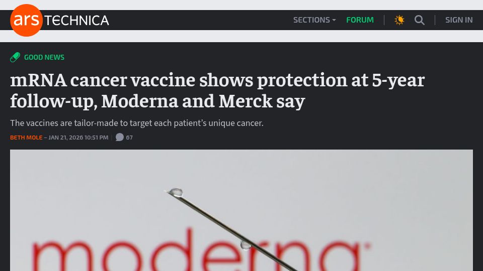 Screenshot of arstechnica.com: mRNA cancer vaccine shows protection at 5-year follow-up, Moderna and Merck say