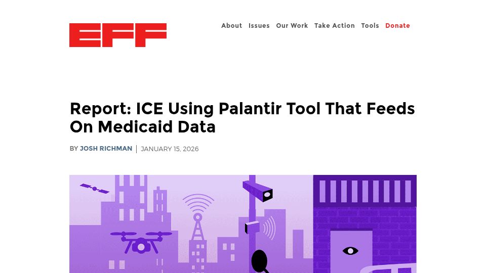 Screenshot of eff.org: ICE using Palantir tool that feeds on Medicaid data