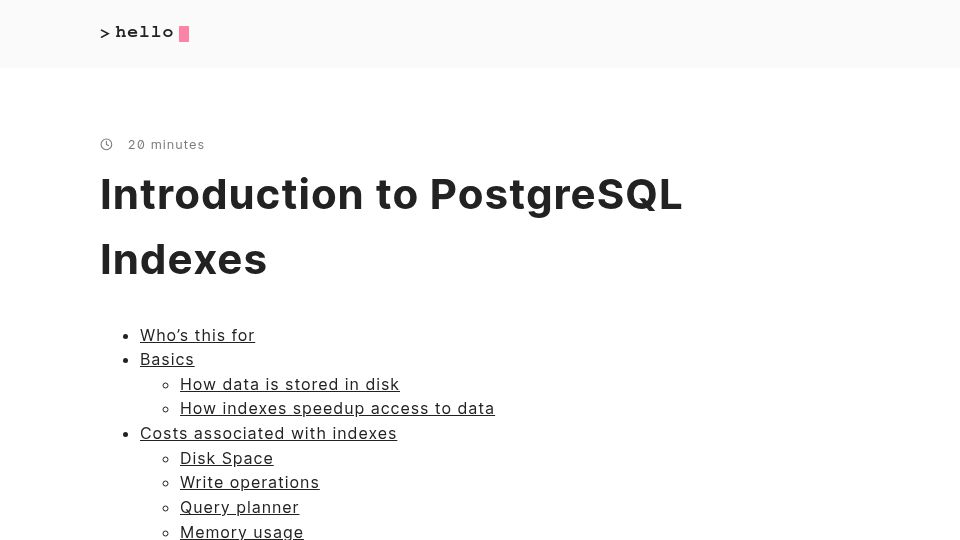 Screenshot of dlt.github.io: Introduction to PostgreSQL Indexes