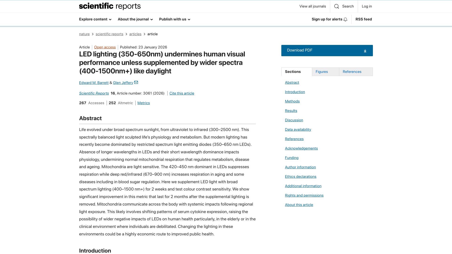 Screenshot of nature.com: LED lighting undermines visual performance unless supplemented by wider spectra