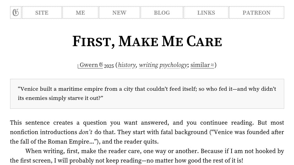 Screenshot of gwern.net: First, make me care