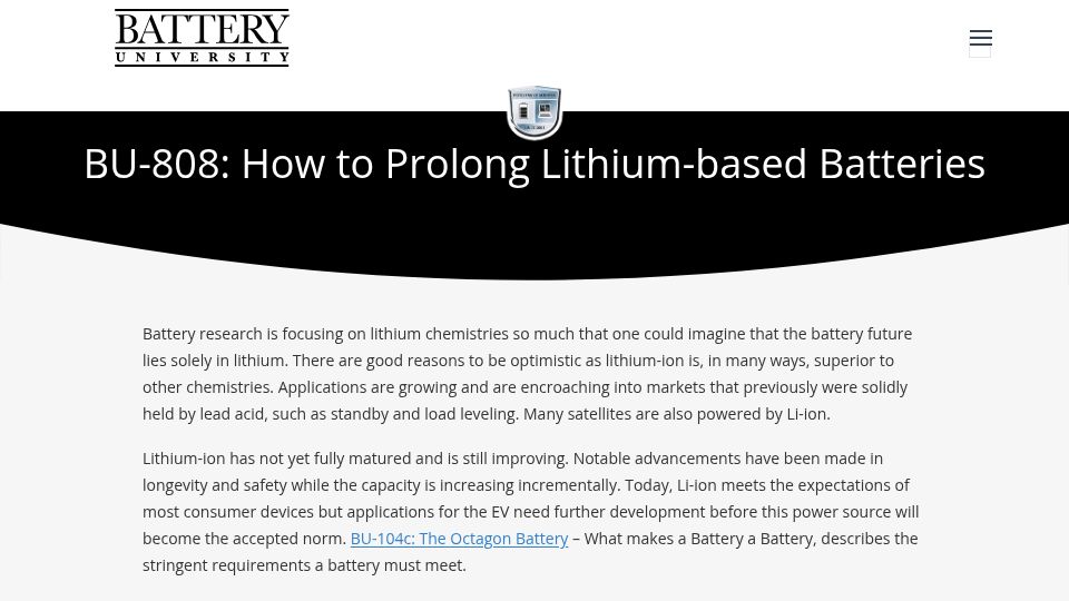 Screenshot of batteryuniversity.com: BU-808: How to Prolong Lithium-based Batteries (2023)