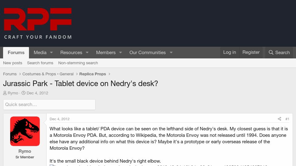 Screenshot of therpf.com: Jurassic Park - Tablet device on Nedry's desk? (2012)